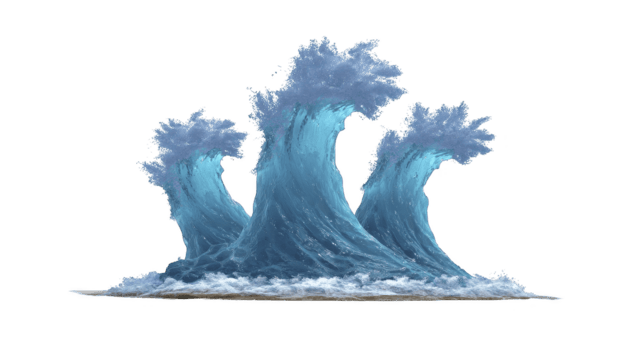Three large blue ocean waves with splashing water, isolated on transparent background, dynamic movement, realistic sea texture, perfect for creative design or aquatic themed projects png