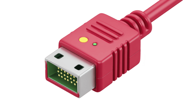 rojo datos cable con rectangular conector, de cerca demostración metálico contactos, el plastico aislamiento, y indicador luces, usado para electrónico dispositivo conexión y comunicación png