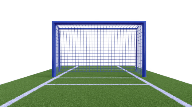 Soccer goal on green grass field with white lines, blue frame, and net, viewed from front, isolated on transparent background, perfect for sports design projects png