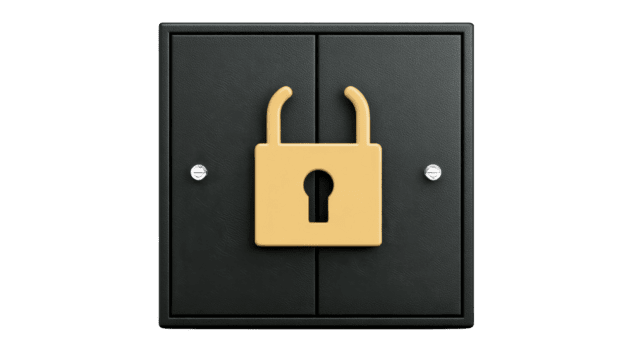 Black square panel with large yellow open padlock icon in center, symbolizing security access or unlocked status, isolated on transparency background png