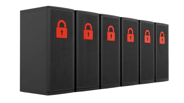 zwart server rek rij met rood hangslot icoon symboliseert beveiligen gegevens opslag, cyberbeveiliging, en beschermde netwerk infrastructuur in modern technologie milieu png