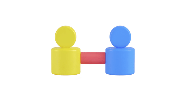 Yellow figure and blue figure connected by red bar, symbolizing teamwork, partnership, and collaboration, isolated on transparency background, with playful and friendly mood png