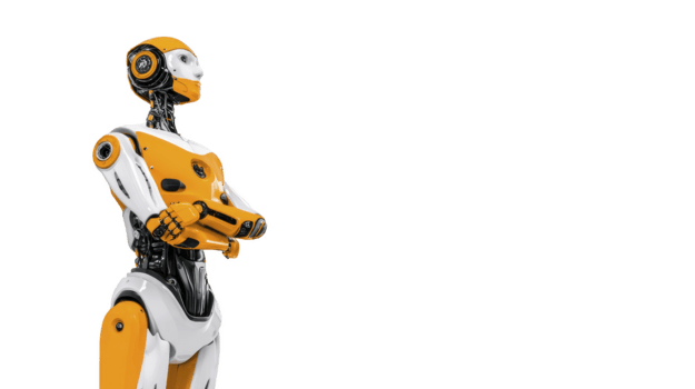 trogen robot med orange och vit kropp, stående med vapen korsade, artificiell intelligens begrepp, isolerat på genomskinlighet bakgrund, modern teknologi, innovation png