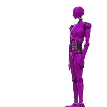 futurista magenta humanoide robot en pie vertical, lado vista, con pulcro metálico cuerpo, expuesto mecánico articulaciones, y moderno diseño, aislado en transparente antecedentes png