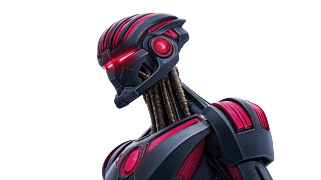 futurista robot con brillante rojo ojos, metálico azul y rojo armadura, expuesto mecánico cuello, y pulcro diseño, expresando intensidad y avanzado tecnología png