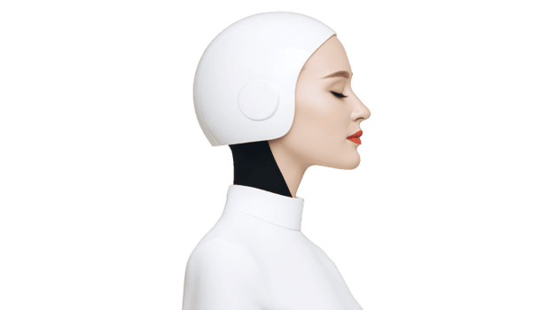 futuristico femmina androide con liscio bianca casco, chiuso occhi, e rosso labbra, esprimendo quiete e Avanzate tecnologia, isolato su trasparente sfondo png