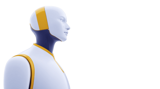 trogen robot med slät vit och gul design, sida profil, artificiell intelligens begrepp, modern teknologi, innovation, och Avancerad teknik, isolerat på genomskinlighet bakgrund png