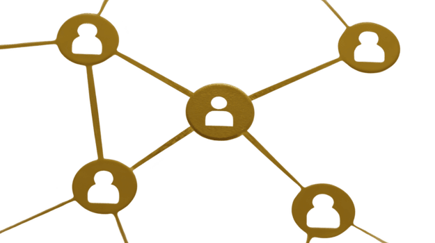 Network connection diagram with gold human icons, central node, and connecting lines, symbolizing teamwork, communication, and social networking in digital or business context png