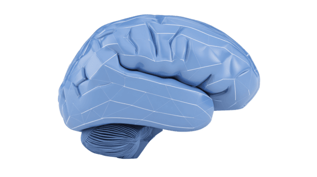 Blue brain model polygonal style isolated on transparency background represents artificial intelligence technology science innovation and futuristic concept evoking curiosity and creativity png