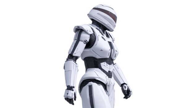 futurista blanco humanoide robot con pulcro armadura, avanzado tecnología, y rojo visera, en pie con confianza, aislado en transparente fondo, evoca innovación y moderno diseño png