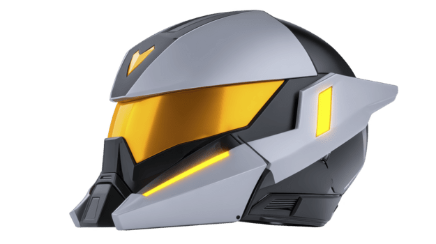 trogen hjälm med elegant silver- och svart design, orange visir, och vinkel- detaljer, lämplig för vetenskap fiktion, cosplay, eller Avancerad teknologi teman, förmedla djärv och dynamisk se png