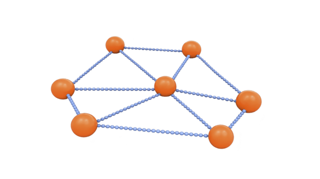 3d ilustración de red grafico con naranja esferas como nodos y azul punteado líneas como conexiones, representando resumen comunicación, trabajo en equipo, o tecnología conceptos png