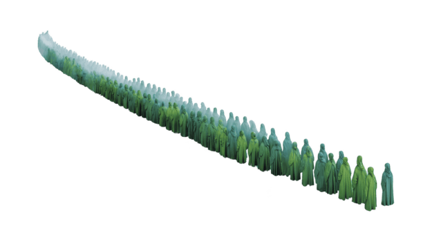 Long line of people wearing green and blue raincoats stands in single file, gradually fading into distance, creating sense of anticipation and unity png