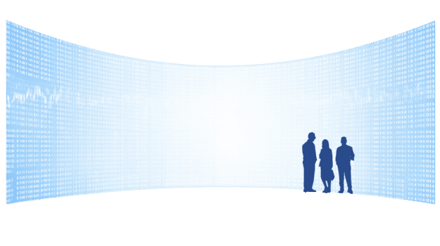 negocio personas silueta en pie en frente de grande curvo digital datos pantalla, azul binario código fondo, tecnología y Finanzas concepto, futurista y innovador atmósfera png