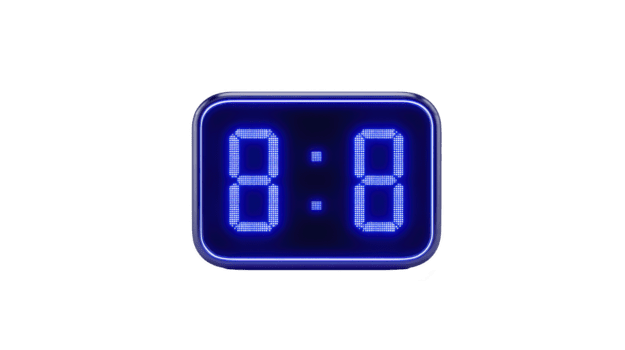 Digital clock display with glowing blue numbers, modern electronic timer, isolated on transparent background, futuristic style, illuminated, technology concept, minimal design png
