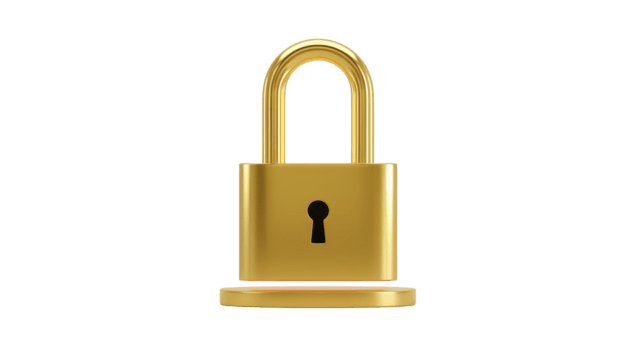 Golden padlock security symbol, isolated on transparency background, representing safety, protection, privacy, and secure access, with shiny metallic finish and modern design png