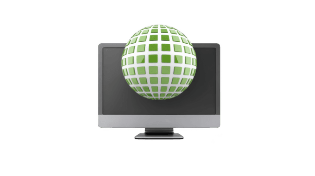 Computer monitor with green digital globe floating in front, symbolizing global connectivity, technology, and internet communication in modern, innovative style png