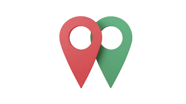 Red and green map pin markers, isolated on transparency background, symbolizing location, navigation, travel, and direction, with modern and minimalistic style png
