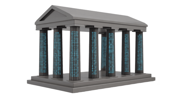 oude tempel met digitaal binair code Aan kolommen, mengen klassiek architectuur en modern technologie, symboliseert innovatie, gegevens veiligheid, en futuristische financiën concepten png