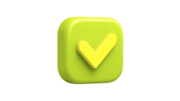 Green 3D square icon with yellow check mark, symbolizing approval, success, or completion, isolated on transparent background, modern and minimal style png