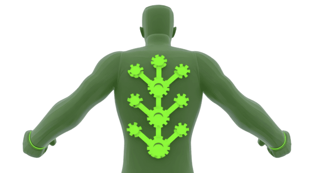 verde umano figura con meccanico ingranaggi e rami su Indietro, simboleggiante tecnologia, innovazione, e biomeccanico integrazione, futuristico concetto, isolato su trasparenza sfondo png