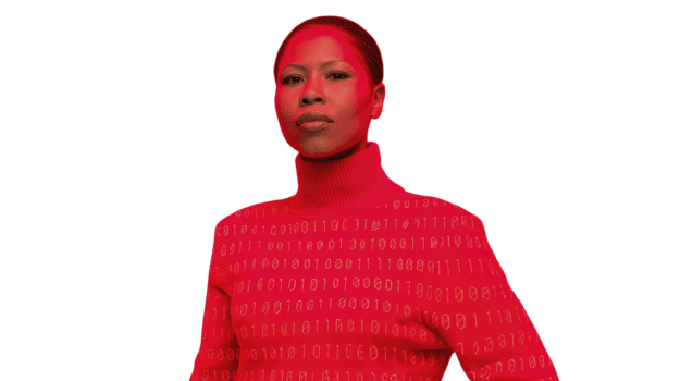 confidente mujer en rojo suéter tipo con cuello de tortuga suéter con binario código patrón, digital Arte estilo, futurista y empoderamiento ánimo, aislado en transparente antecedentes png