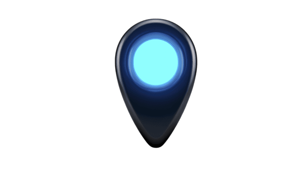 Blue location pin icon with glowing center, modern digital map marker, navigation symbol, isolated on transparent background, futuristic style, technology concept png