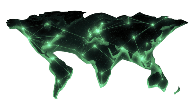 digitale mondo carta geografica con raggiante verde Rete connessioni, che rappresentano globale comunicazione, tecnologia, e dati trasferimento attraverso continenti, la creazione di futuristico e collegato atmosfera png
