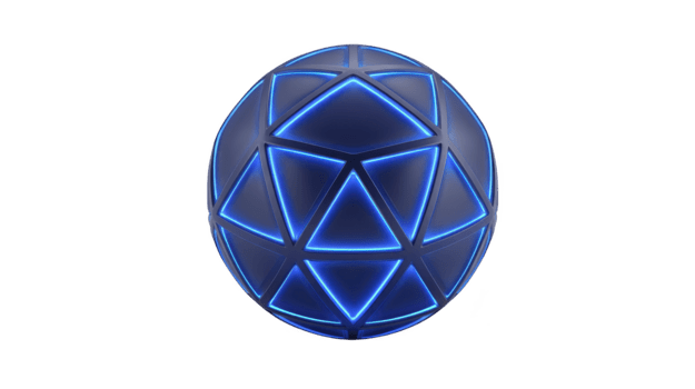 futurista azul esfera con brillante neón geométrico patrón, presentando interconectado triangulos y hexágonos, aislado en transparente fondo, moderno digital diseño png