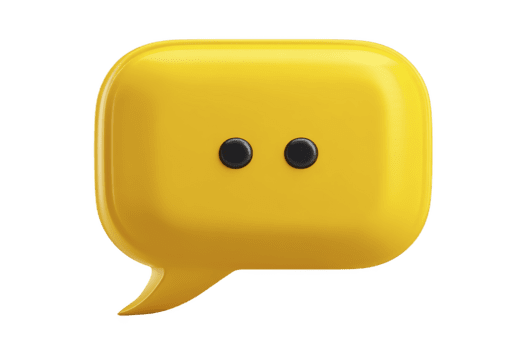 Yellow speech bubble, 3D illustration, with two black dots, isolated on transparency background, symbolizing communication, chat, or messaging in playful and modern style png