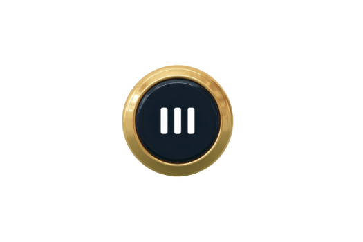 Gold round button black center white pause symbol isolated on transparent background modern design metallic accent digital interface minimal style elegant technology element png