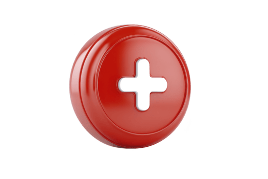 Red round button with glossy surface and cross shaped cutout in center, isolated on transparent background, symbolizing addition or medical concept png