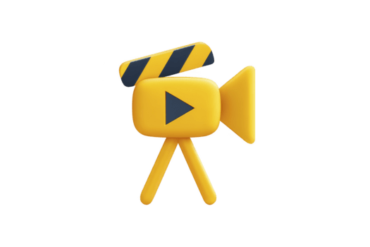 3d giallo telecamera icona con giocare pulsante, tripode gambe, e a strisce ciak, isolato su trasparente sfondo, che rappresentano cinematografia, creatività, e digitale media concetti png