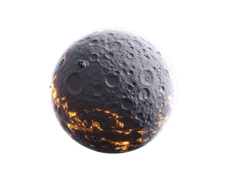 Craters, glowing lava, and dramatic surface texture create striking view of volcanic planet or moon in space, evoking sense of cosmic wonder and intense energy png