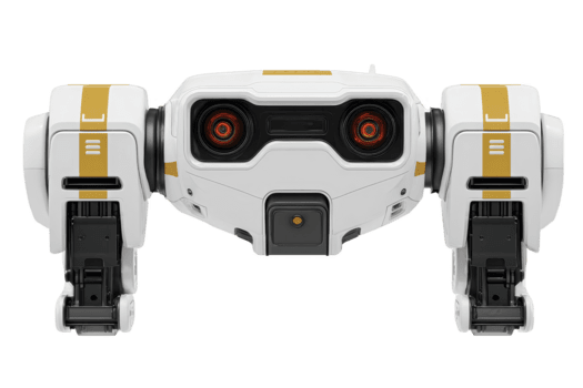 futuristico bianca robot con giallo accenti, meccanico gambe, e rosso sensore occhi, isolato su trasparente sfondo, evoca Avanzate tecnologia e amichevole design png