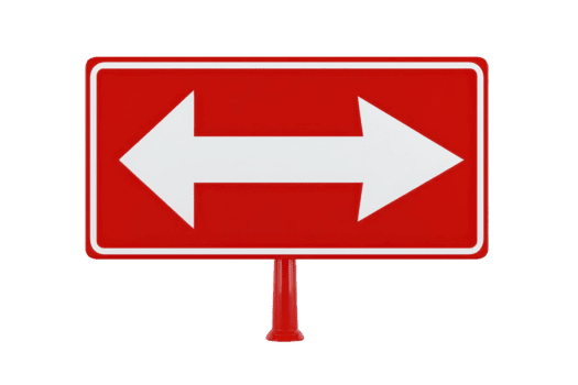 rood weg teken met groot wit links en Rechtsaf pijlen, symboliseert richting keuze, besluit maken, navigatie, en de begeleiding, geïsoleerd Aan transparant achtergrond png