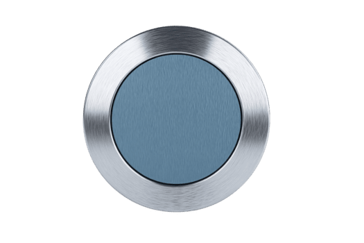 Metallic round button with brushed silver frame and blue center, isolated on transparent background, modern industrial design, suitable for user interface, technology, or control panel concepts png