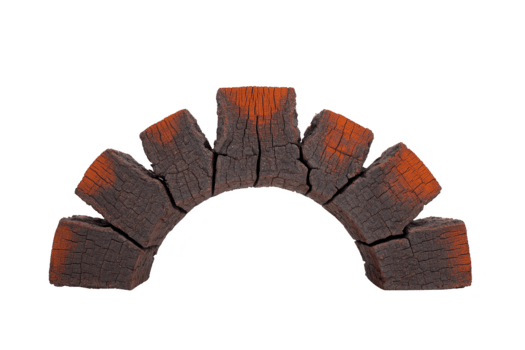 Curved wooden log pieces arranged in arch shape, isolated on transparency background, showing rough texture and burnt orange edges, rustic and creative design element png