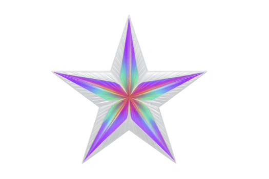 Iridescent five pointed star with metallic texture, featuring vibrant rainbow colors and glossy finish, isolated on transparency background, creating modern and energetic design element png