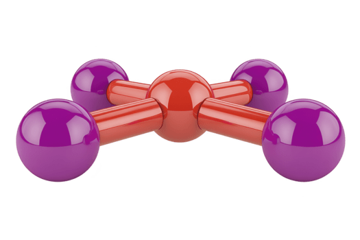 Molecule model with one central red sphere connected to four purple spheres by red rods, representing chemical structure, isolated on transparency background png