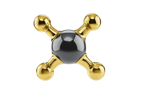 molecola modello con brillante nero centrale sfera e quattro oro metallico braccia, isolato su trasparenza sfondo, che rappresentano scienza, chimica, e futuristico tecnologia concetti png