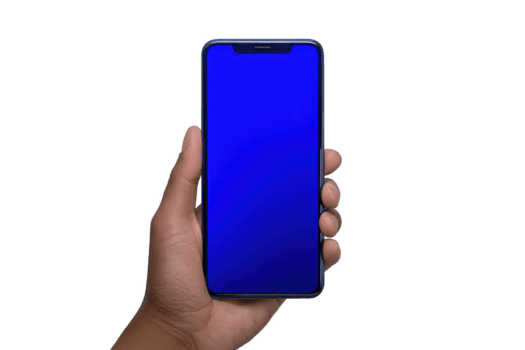 mano Tenere moderno smartphone con vuoto blu schermo, isolato su trasparente sfondo, tecnologia concetto, digitale dispositivo, mobile comunicazione, touch screen, e utente interfaccia design png