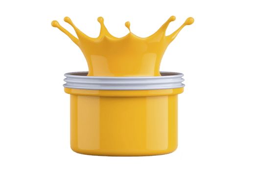 Yellow paint splashes energetically from open container, creating dynamic crown shape, isolated on transparency background, symbolizing creativity and artistic inspiration png