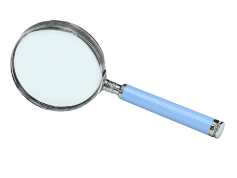 ingrandimento bicchiere con blu maniglia isolato su trasparenza sfondo vicino su attrezzo per ispezione lettura o scienza chiaro lente brillante metallo semplice design oggetto per curiosità e scoperta png