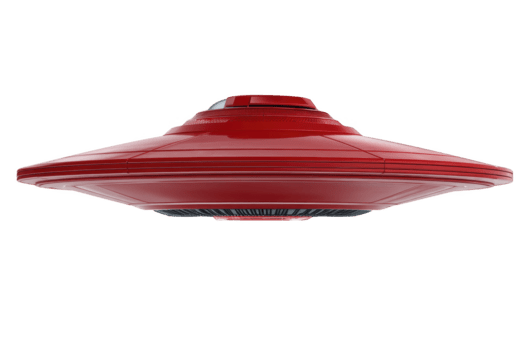 rosso volante piattino, futuristico navicella spaziale, isolato su trasparenza sfondo, Caratteristiche liscio metallico superficie, sci fi disegno, Avanzate tecnologia, e evoca curiosità e Meraviglia png