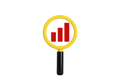 Yellow magnifying glass with black handle focusing on red bar chart, symbolizing data analysis, business growth, and financial research, on transparent background png