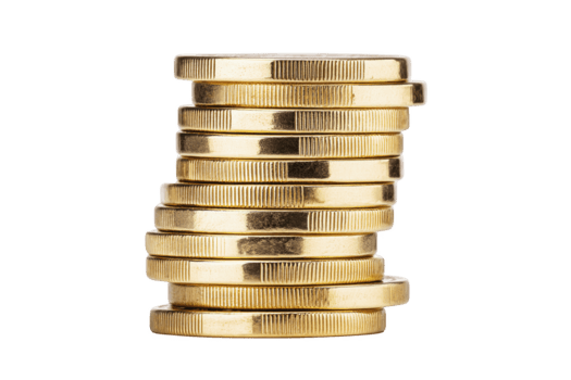 Stack of shiny gold coins isolated on transparency background, symbolizing wealth, savings, investment, finance, and prosperity, with metallic texture and reflective surface png