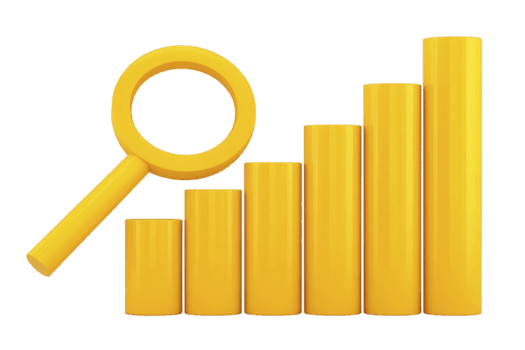 Yellow magnifying glass and bar chart, symbolizing data analysis, growth, and business success, with modern, minimalistic style and positive, optimistic feeling png