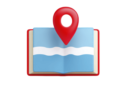 Aperto libro con blu carta geografica pagina, rosso Posizione spillo, navigazione, viaggiare, e esplorazione concetto, simboleggiante avventura e scoperta, isolato su trasparenza sfondo png