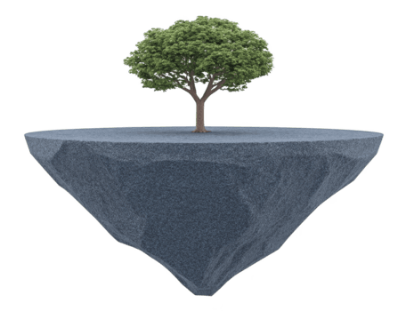 Floating island with single green tree, isolated on transparency background, evokes sense of fantasy and tranquility, perfect for imaginative or environmental concepts png